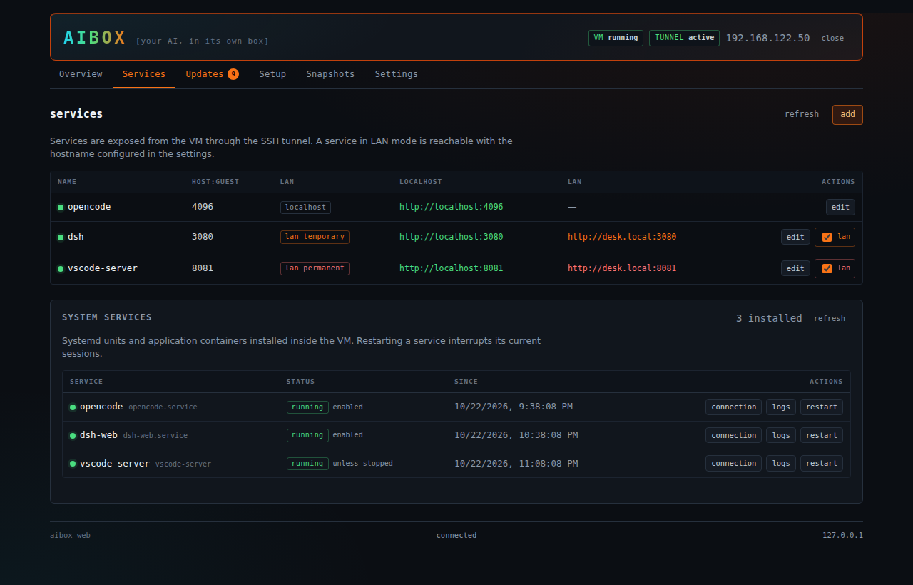 Services tab of the AIBox web console