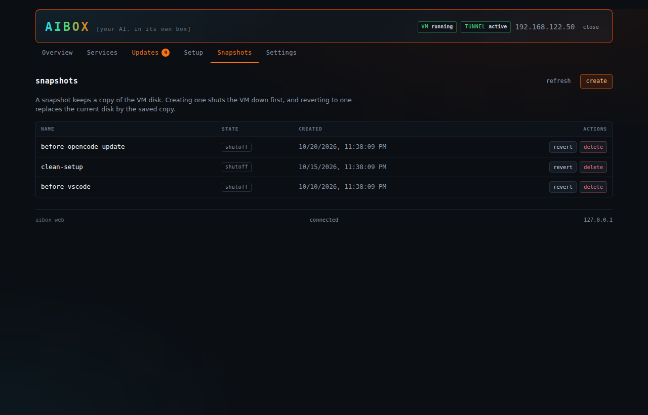 Snapshots tab of the AIBox web console